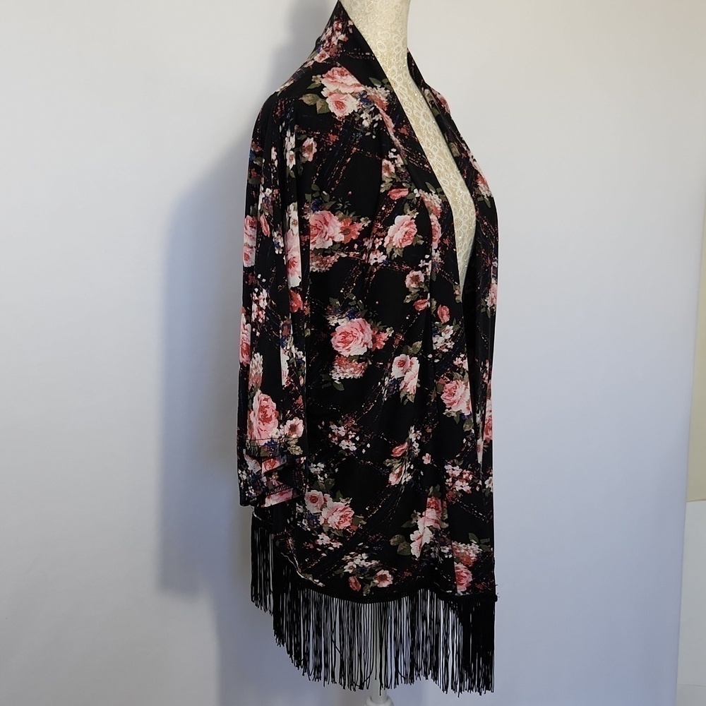 Women's Floral Print Fringe Hem Open Front Kimono Sleeve Shrug Cardigan Size L - Picture 4 of 9